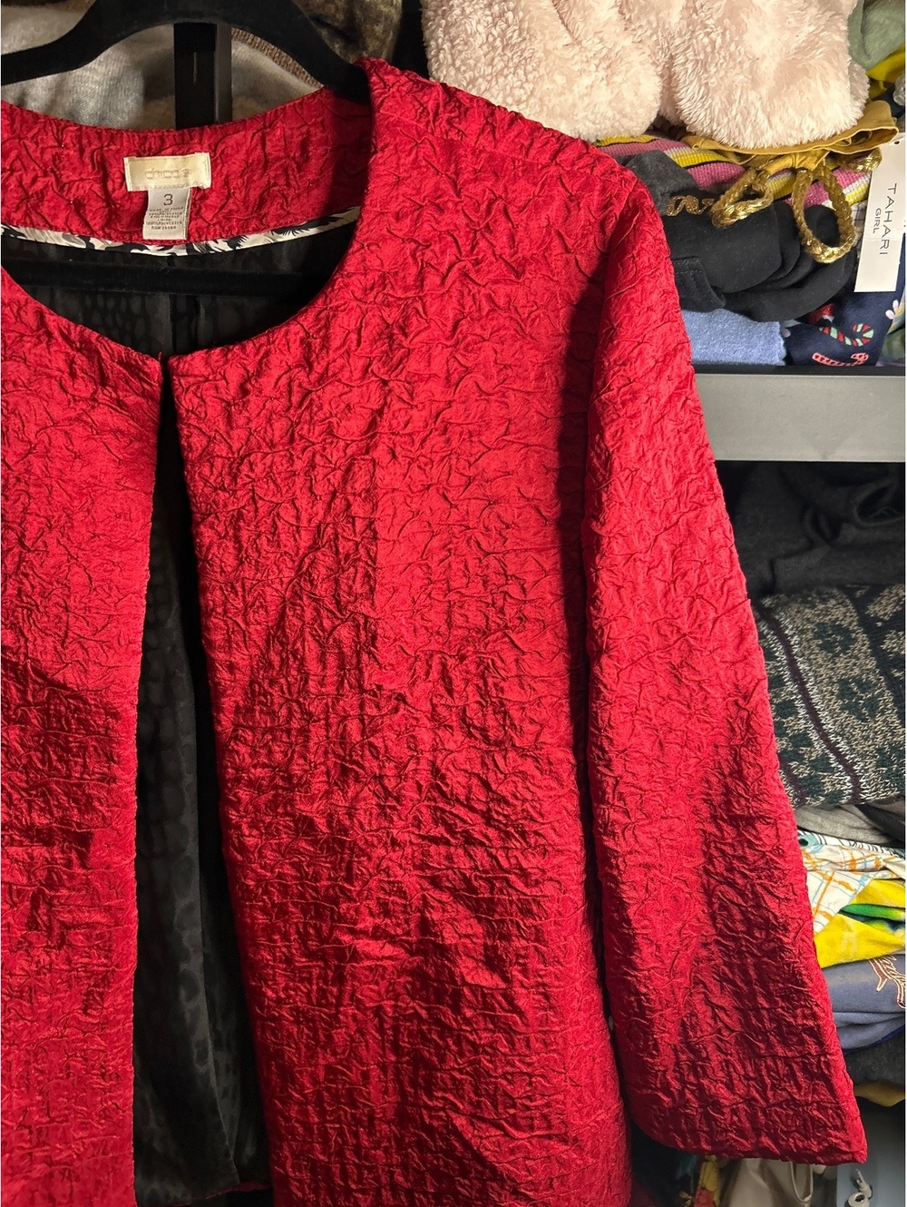 Chico's Red Textured Open Front Jacket Size 3